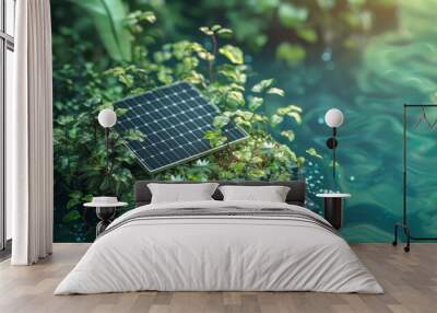 Solar cell panel in the forest, Sustainable energy, environmental friendly, renewable energy concept. Wall mural