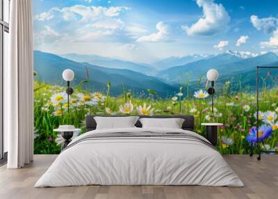 Spring green meadow with wild flowers, glass field with flowers in blue sky with cloud background for template and banner. Wall mural