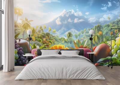 Various tropical fruits with tropical forrest background for web template and banner. Wall mural