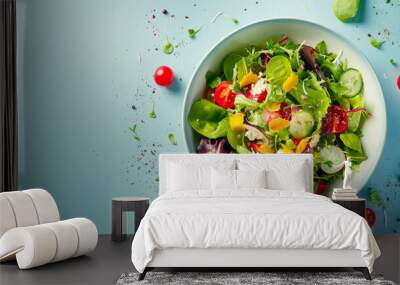 Vegetables salad on plate top view, healthy Vegan food clean eating, dieting salad with arugula and tomatoes. Wall mural