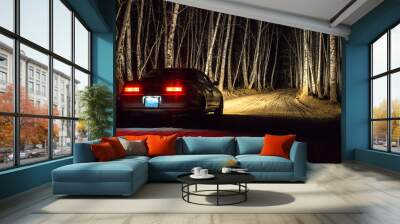 white sports car on a country road, in a night birch forest Wall mural