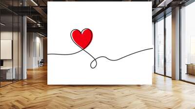 Continuous one line drawing of red heart isolated on white background. Vector illustration Wall mural