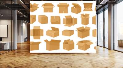 Cartoon cardboard boxes. Carton delivery boxes, open and closed shipping package with fragile signs, parcel delivery boxes flat vector illustration set. Cardboard box collection Wall mural