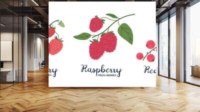 Ripe berries. Hand drawn strawberries, raspberries and red currants, forest or garden fresh berries flat vector illustration set. Edible berries with captions Wall mural