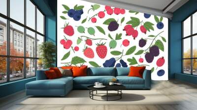 Wild berries. Ripe delicious raspberry, blueberry, strawberry, gooseberry and red currant, edible berries flat vector illustration set. Juicy forest berries collection Wall mural