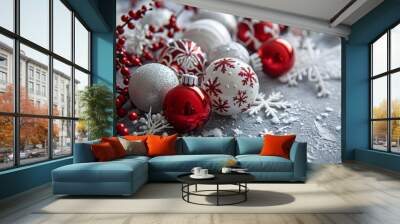 christmas balls and snowflakes on a grey background bac e06b5e99-3201-4f9c-86c2-6b85427ba2a3 Wall mural