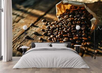 coffee beans and paper bag on wooden table to buy new c ca48dd16-16d1-44f3-a07e-84312a800891 Wall mural