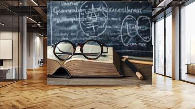 glasses and a book in front of a chalkboard in the styl 29e1d40d-3d95-4af2-a0db-38232aeff59c Wall mural