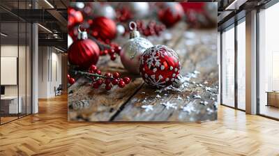 holiday scene with christmas ornaments in the style of  4b570687-3a12-4ca3-84c3-bf3ef00b08f2 Wall mural