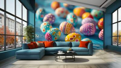 numerous painted colored easter eggs on a blue backgrou 1ae8b13f-c079-4b20-adb3-44d419a421da Wall mural