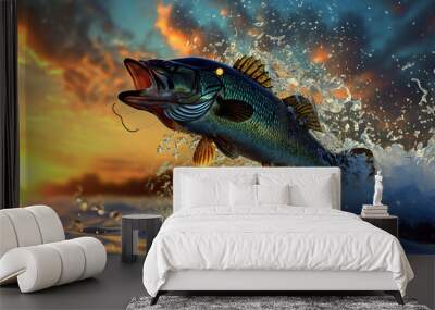 the bass is jumping out of the water in a sunset in t 93bb214f-86a5-48ba-bed4-a1f5ca412d0d 2 Wall mural