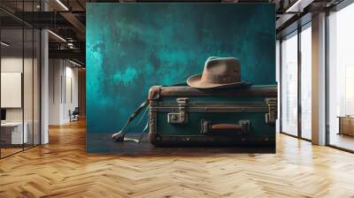 the suitcase is full of travel items such as hat and  c8c36183-da2c-4a6f-87b5-e12107a0e72d 1 Wall mural