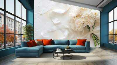 white flower bouquet on a white background with ribbo Wall mural