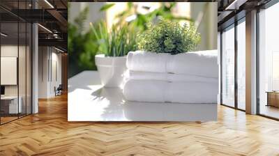 white towels and plants on a table with white towels in 0bfa2dff-b81b-451d-8c99-f61d8f4fec9b Wall mural