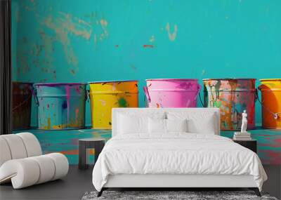 paint cans with colored paint on a turquoise backgrou Wall mural