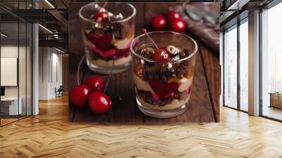 Chocolate and cherry dessert in glass Wall mural