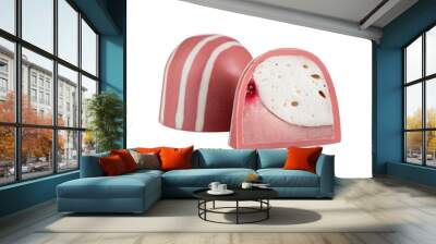 Luxury handmade pink chocolate candy with berry jelly and marshmellow filling isolated on white background Wall mural