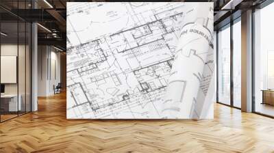 Architect rolls and architectural plan,technical project drawing Wall mural