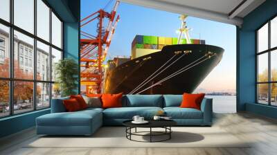 container cargo freight ship at harbor terminal Wall mural