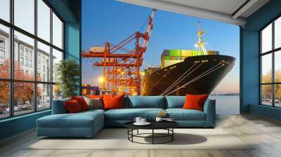 container cargo freight ship with working crane bridge , the atmosphere of the shipping port during  Wall mural