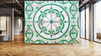 Panorama of Vintage antique white and green ceramic tile pattern texture and seamless background Wall mural