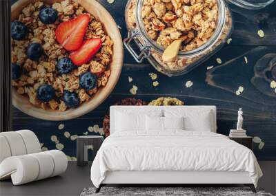 Homemade granola and fresh berries on wood table with space. Wall mural