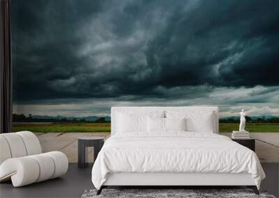 Natural scenic beautiful field storm clouds  and Empty wood table for product display and montage. Wall mural