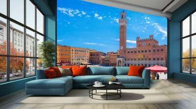 Italy, Siena. July 27, 2018 - Panorama of Piazza del Campo with Mangia Tover, Tuscany Wall mural