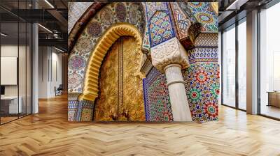 Intricate tile patterns, metal work and plaster carvings adorning  building exteriors in Fez Morocco Wall mural