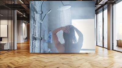 Asian woman Taking a shower with a rain shower The back of her picture Wall mural