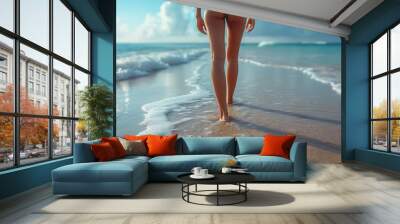 Beautiful legs of a model taking a relaxing walk on the beach.. Wall mural