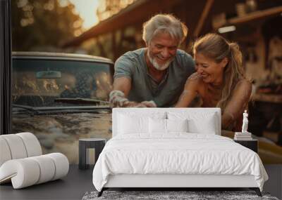 elderly couple Washing a vintage car Wall mural