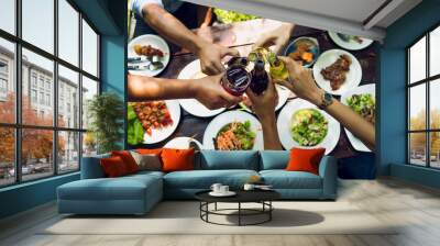 People are eating on vacation. They eat outside the house and clink beer house. Wall mural