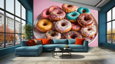 A colorful assortment of doughnuts with various glazes and sprinkles displayed on a cake stand, AI Generated Wall mural