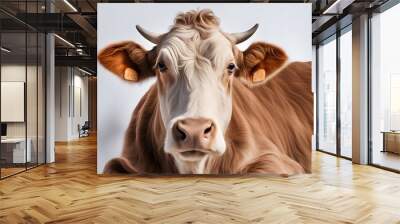 A graceful brown swiss cow with a smooth coat and soft eyes standing on a white background, AI Generated Wall mural