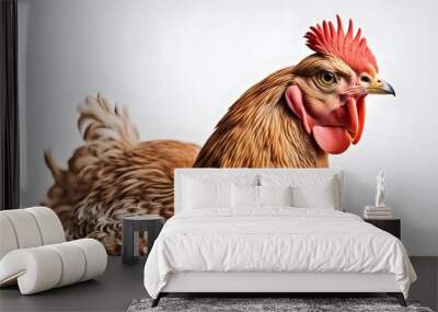 A large brown hen with speckled feathers sitting on a white background, AI generated Wall mural