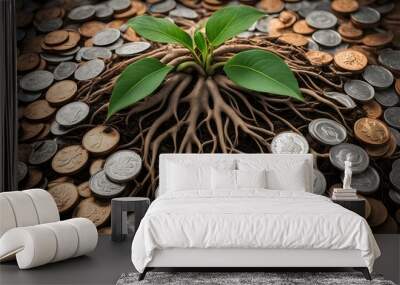 A large healthy plant with roots intertwined among a pile of coins, AI Generated Wall mural