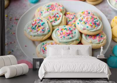 A plate of soft and chewy sugar cookies topped with colorful frosting and sprinkles, Ai Generated Wall mural