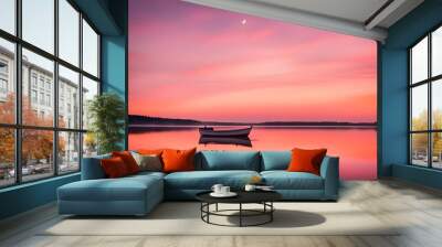 A romantic scene of a heart shaped boat floating on a calm lake reflecting the pink and orange hues, AI Generated Wall mural