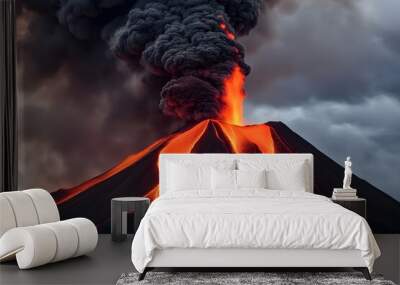 A scene of flames rising from a volcanic eruption with lava flowing and smoke billowing into the sky, AI Generated Wall mural