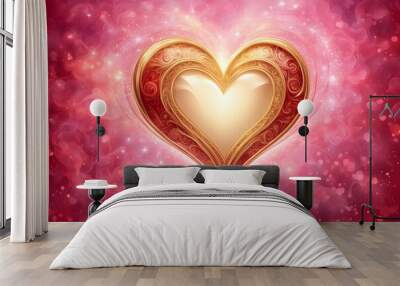 A sparkling golden heart in the center of a background with swirls of red and pink light, AI Generated Wall mural