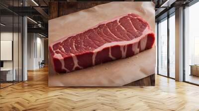 A thick cut raw new york strip steak with clear marbling placed on butcher paper, AI Generated Wall mural