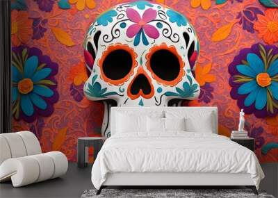 An intricately painted calavera skull set against a backdrop of bright papel picado, Ai Generated Wall mural