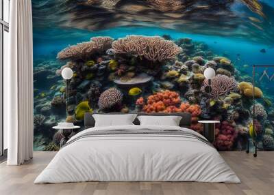 An underwater view of a coral reef with vibrant corals and a variety of marine life swimming around, AI Generated Wall mural