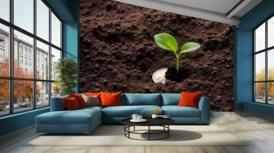 Golden coin partially buried in soil with a small but vibrant seedling, AI Generated Wall mural