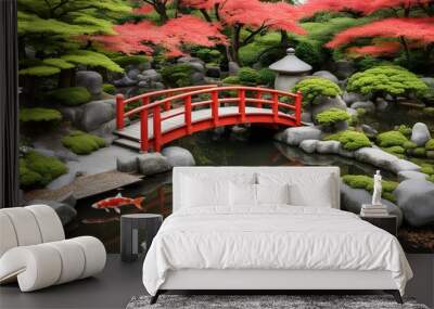 Japanese garden a serene japanese garden with a koi pond red maples a wooden bridge and stones, AI Generated Wall mural