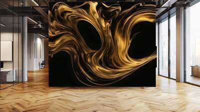 Liquid gold flowing in a slow swirling motion over a black background, Ai Generated Wall mural