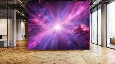 Shiny purple and pink rays of light shooting from a cosmic nebula in deep space, AI Generated Wall mural