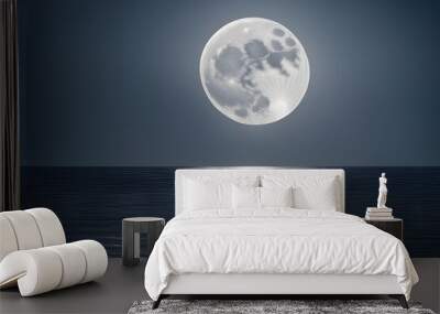 Shiny rays of silver light emerging from a glowing full moon over a tranquil ocean, AI Generated Wall mural