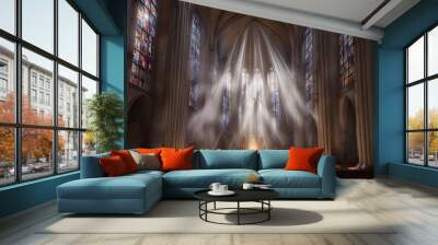 Shiny white rays of light bursting through a cathedrals stained glass windows, AI Generated Wall mural